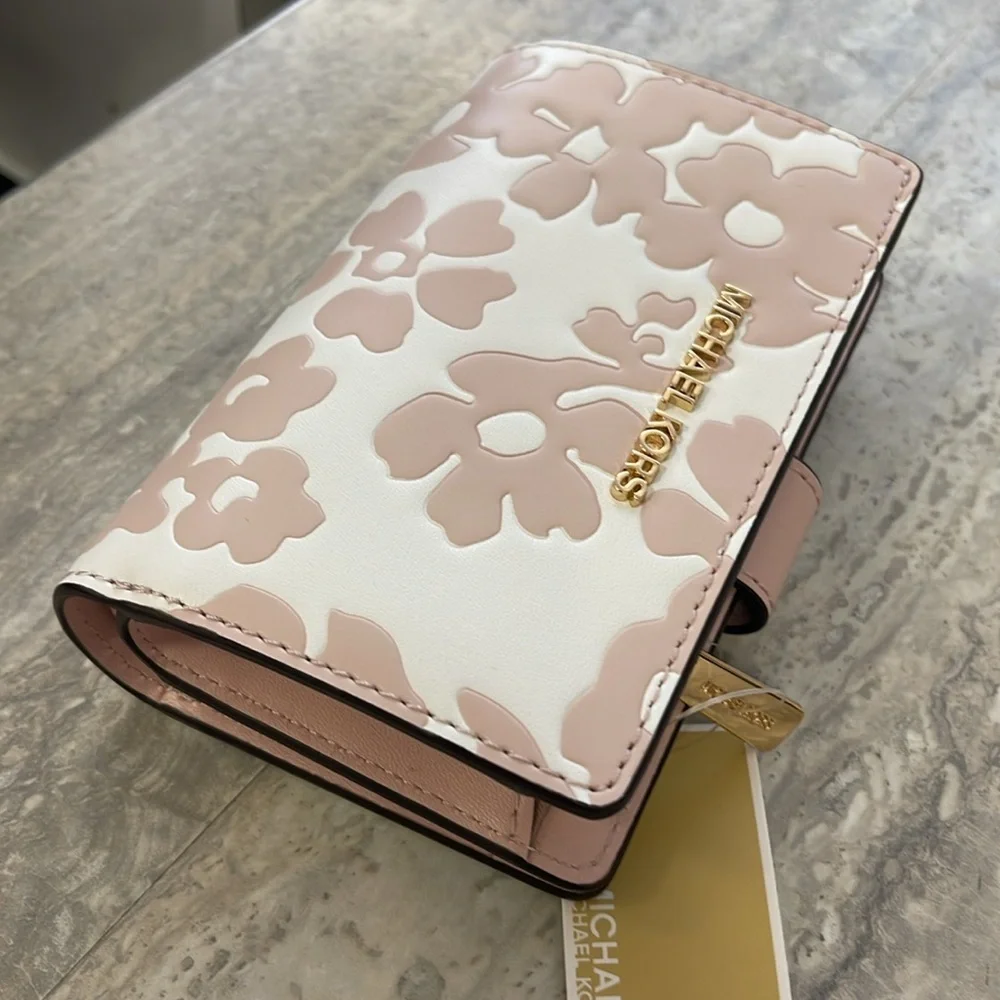 Michael Kors Jet Set Medium Floral Print Bi-Fold Wallet  POWDER BLUSH NWT